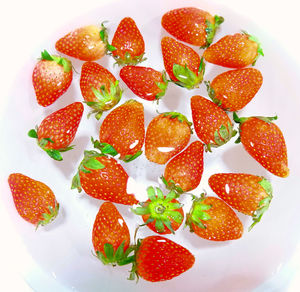 High angle view of fruits in plate on table