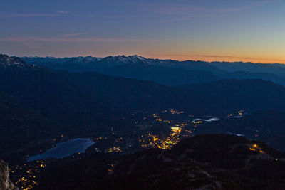 Aerial view of illuminated mountains against sky at sunset