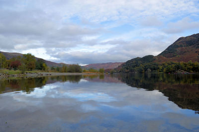 Scenic view of lake against cloudy sky