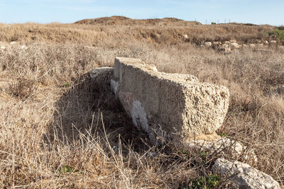 View of old ruins on field against sky