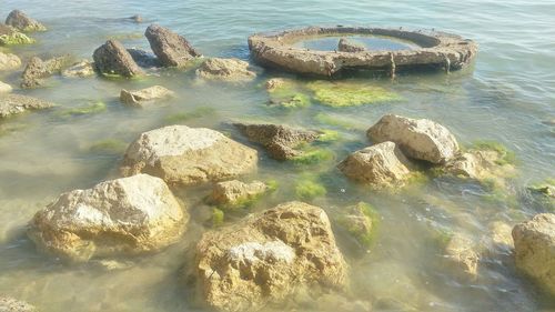 High angle view of rocks in sea