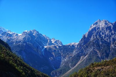 Scenic view of mountains against clear blue sky