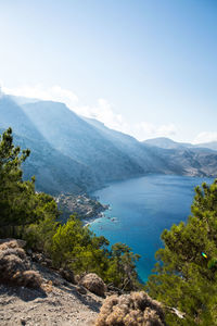 Scenic view of lake and mountains against sky