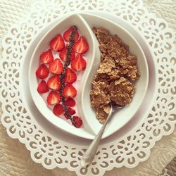 High angle view of strawberries in plate on table