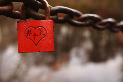 Close-up of love padlocks hanging on metal fence
