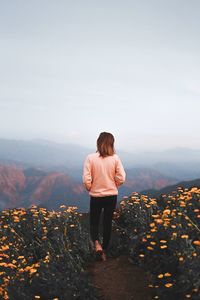Rear view of woman standing on mountain