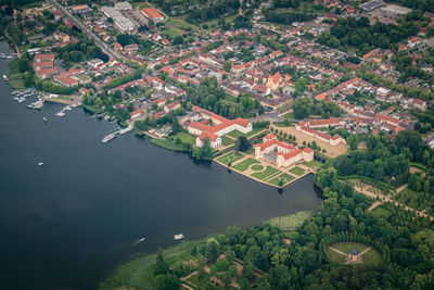 High angle view of river and cityscape