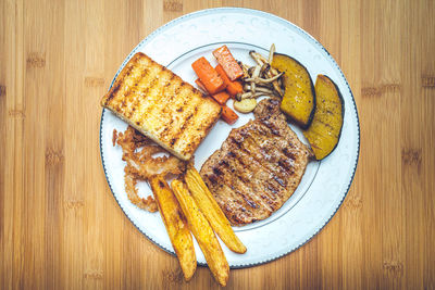 High angle view of breakfast served on table