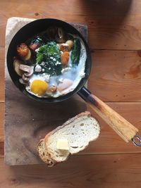 High angle view of soup in bowl on table