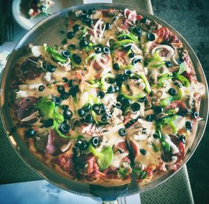 High angle view of pizza in bowl