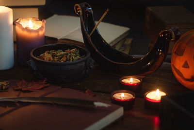 Close-up of illuminated candles on table