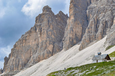 Low angle view of rocky mountains against sky