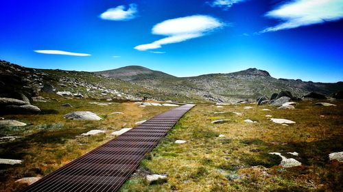 Scenic view of mountains against blue sky