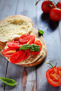 High angle view of strawberries on table