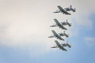 Low angle view of helicopter flying in sky