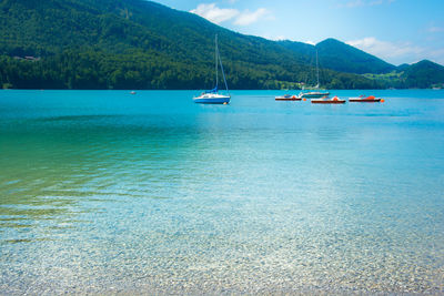 Boats moored in sea