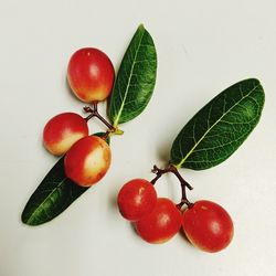 Close-up of cherries on table against white background