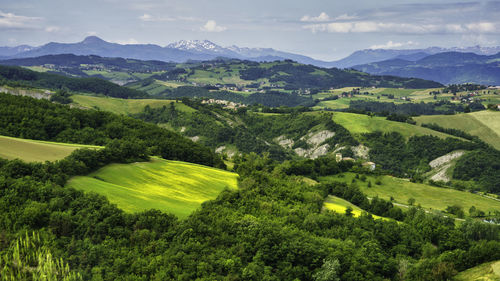 Scenic view of field and mountains against sky