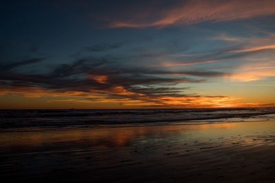 Scenic view of beach against sky during sunset