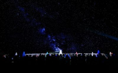 Crowd at music concert against sky at night