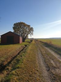 Dirt road amidst field against clear sky