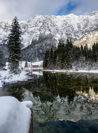 Scenic view of lake by snowcapped mountain against sky