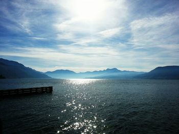 Scenic view of lake against cloudy sky