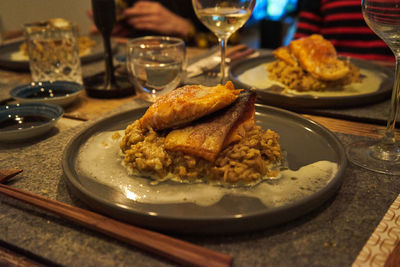 Close-up of food served on table in restaurant