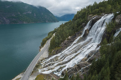 Aerial view of norwegian furebergfossen waterfall in the norway vestland county. 