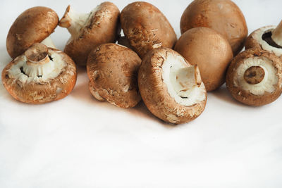 High angle view of mushrooms on table