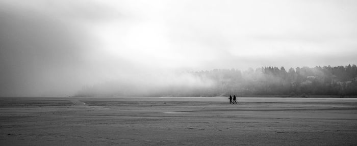 Silhouette people on land during foggy weather