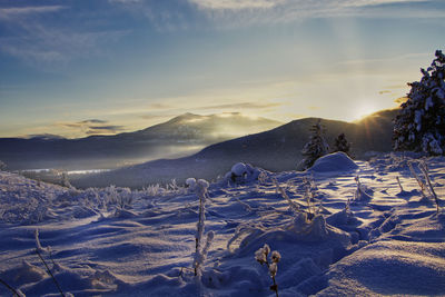 Scenic view of snow covered landscape against sky during sunset