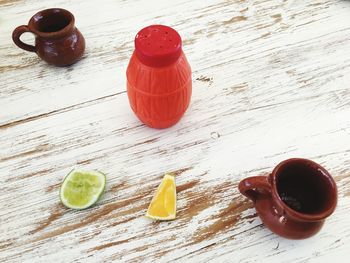 High angle view of drink on table