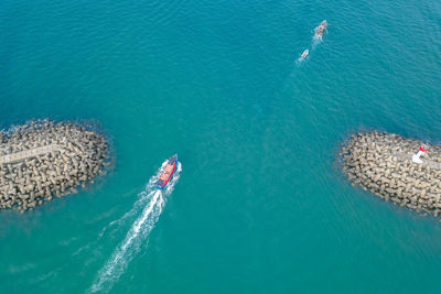 High angle view of ship in sea