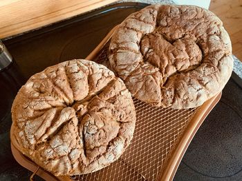 High angle view of bread in plate on table