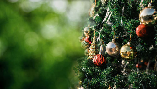 Christmas tree and gift box on green bokeh blur background. new year concept.