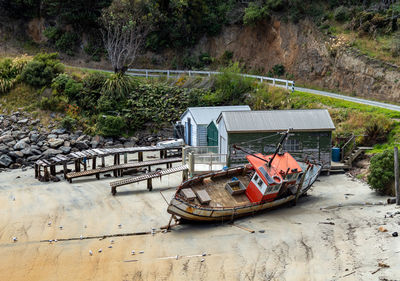 High angle view of boat in lake