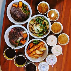 High angle view of meal served on table