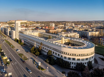 High angle view of road and buildings in city