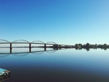 Bridge over lake against clear blue sky