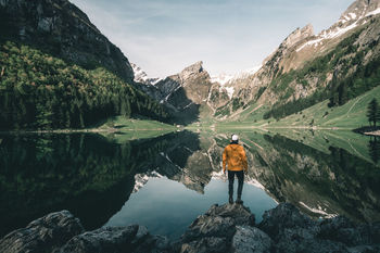 Rear view of man standing on rock by lake