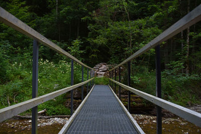 Footbridge over railroad track in forest