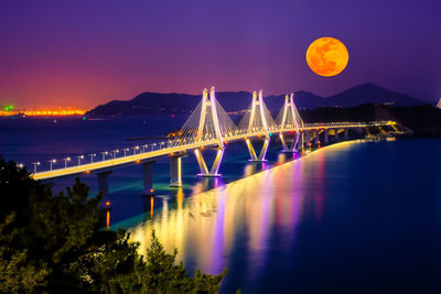 Illuminated bridge over river at night