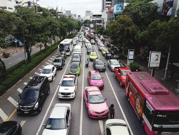 High angle view of traffic on street in city