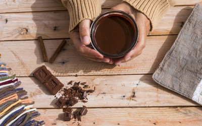 High angle view of coffee cup on table