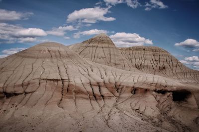 View of hoodoo rock formations in badlands against sky