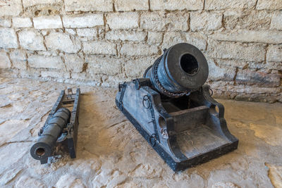 Old machinery on brick wall