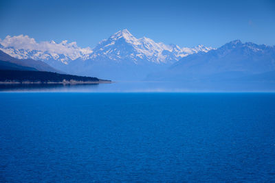 Scenic view of sea and snowcapped mountains against clear blue sky