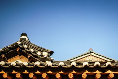 Low angle view of temple against clear blue sky