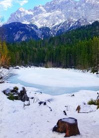 Scenic view of lake by snowcapped mountains against sky